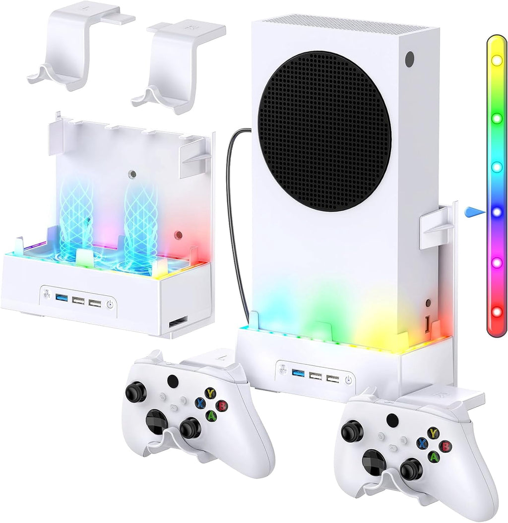 Wall Mount Holder for Xbox Series S, Wiher Wall Mount Kit Accessories with Cooling Bracket, RGB LED Light Strip, USB Port, Controller Hook for Series S White
