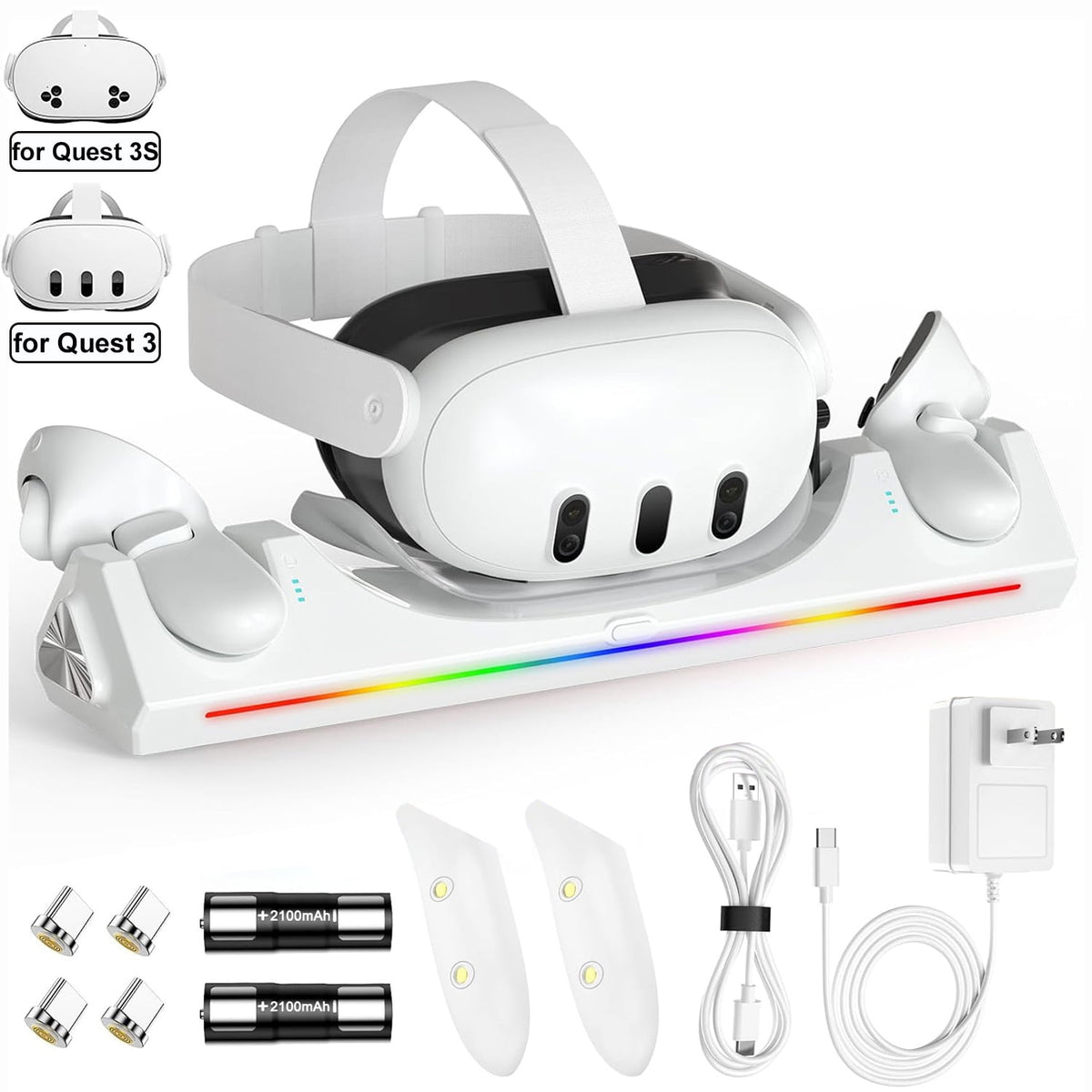 VR Charging Dock for Meta Quest 3/3S with RGB LED Light, Magnetic Charging Station for Oculus Quest 3 VR Headset and Touch Controllers, with 2 Rechargeable 2100mAh Batteries/USB-C Charger Cable