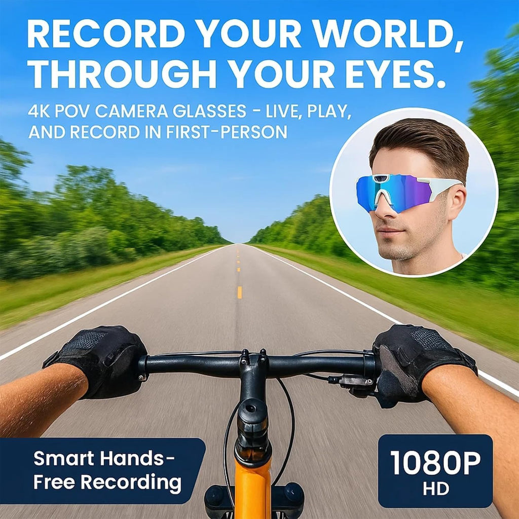 Wiher Smart Camera Glasses, 4k POV Sports Glasses HD Recording Video, Cycling Action Sunglasses, Wearable Audio Take a Picture Wireless Photography Shooting VCR，Suitable for Men and Women(Black)