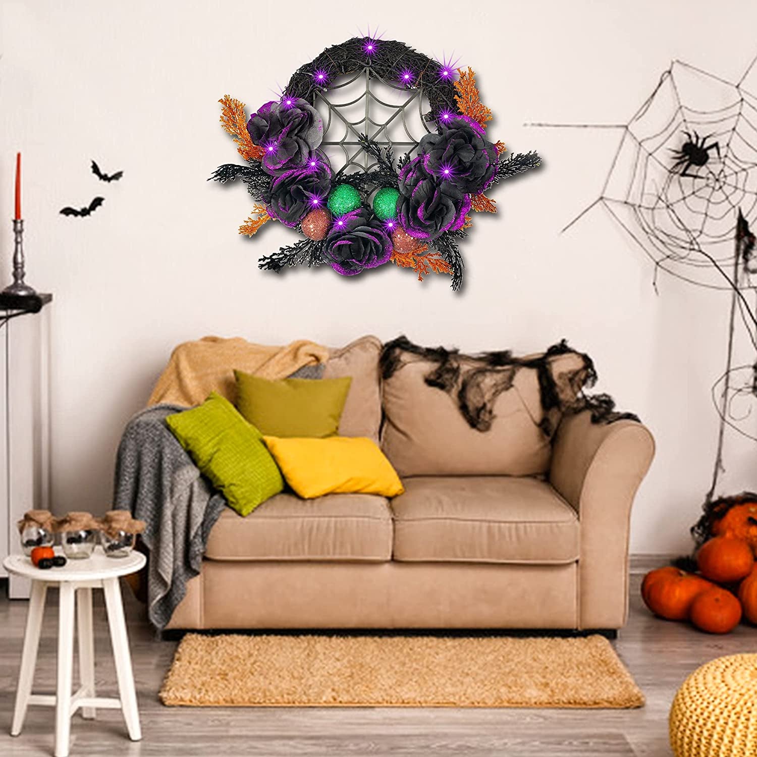 Prociv 20 LED Halloween Wreaths for Front Door, Pre-Lit Artificial Purple Halloween Lights Wreath for Home Door Wall Decorations 17.7"