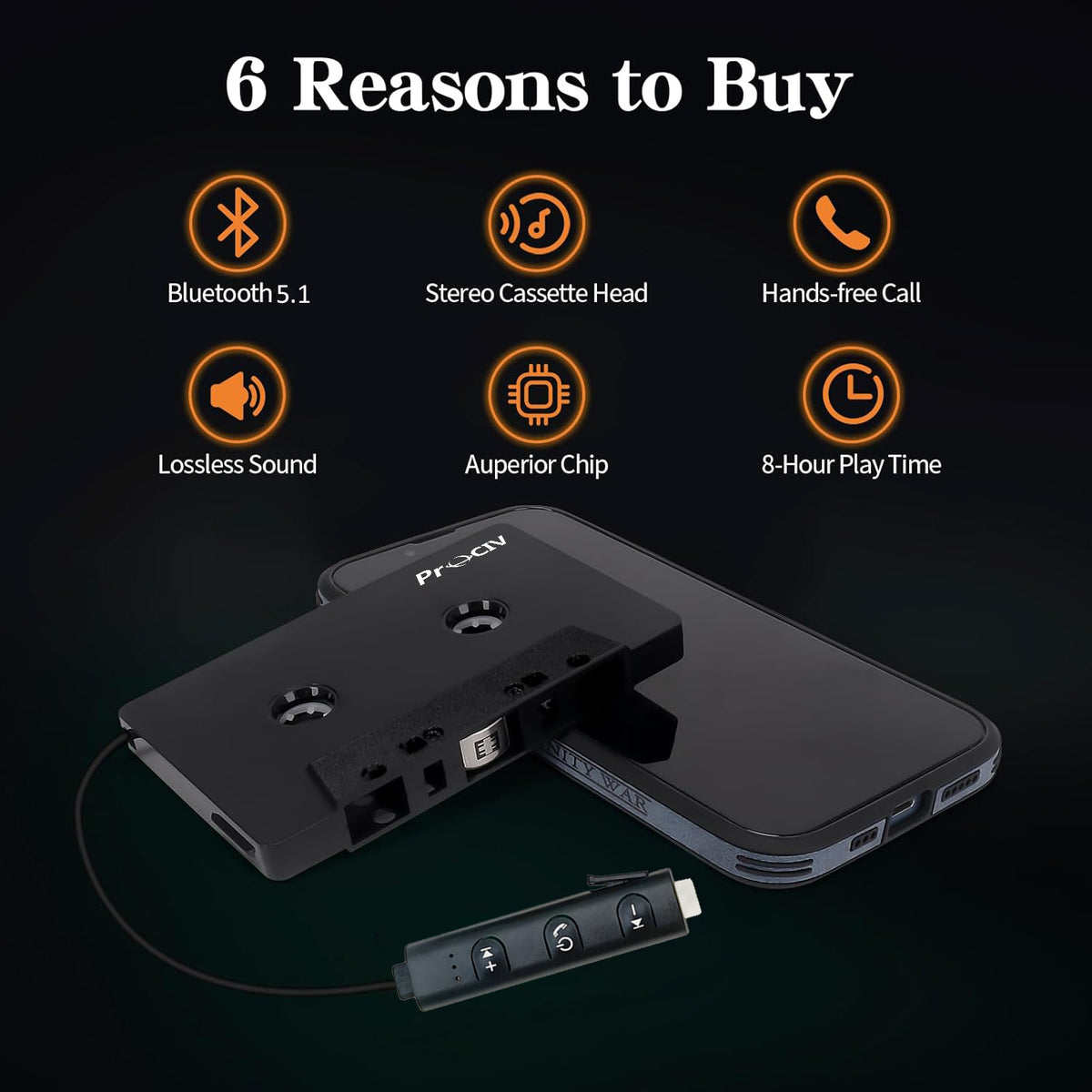 Prociv New Car Audio Bluetooth Wireless Cassette Receiver, Bluetooth 5.1 Car Audio Stereo Cassette Vehicle Tape Converter Cassette, Work While Charging Black