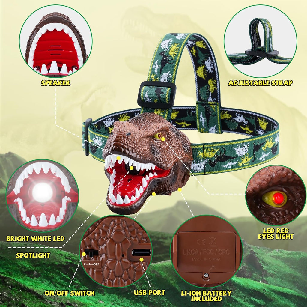 Kids Headlamp, Dinosaur LED Rechargeable Headlamp for Kids Rechargeable Led Headlights Roar & Silent Mode, T-Rex Dinosaur Toys for Kids 3-8, Camping Gear, Christmas Gifts for Boys Girls Adults