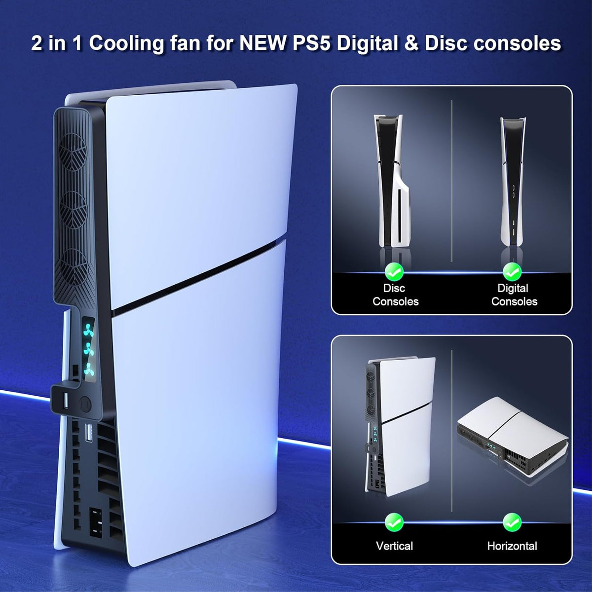 PS5 Slim Cooling Fan, Prociv New Playstation 5 Slim Console Accessories Cooler with USB Port and 3 Adjustable Quiet 9500-Speed Fans, PS5 Slim Digital/Disc Edition System Black