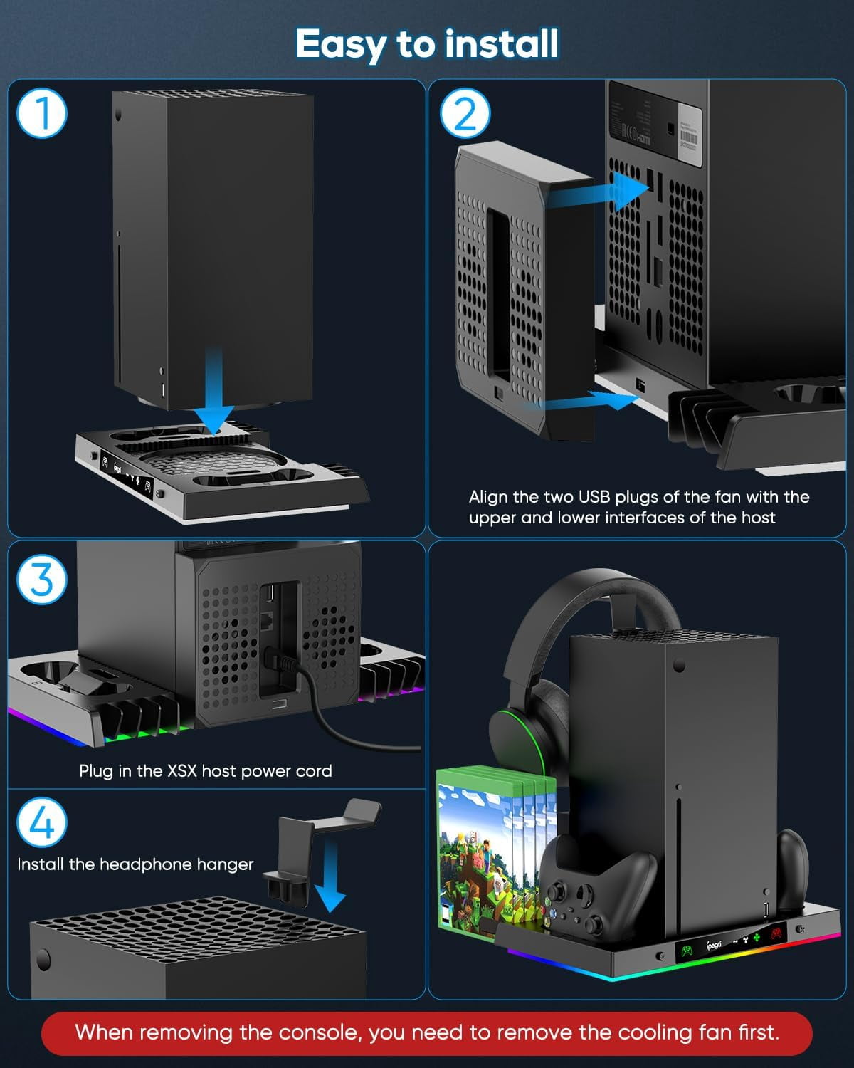 Upgrade Cooling Fan & Dual Charging Stand for Xbox Series X Console &Controller Cooler Charger Station System for Series X with 15 RGB Lights 2 x 1400mAh Rechargeable Battery Disc Accessories Storage