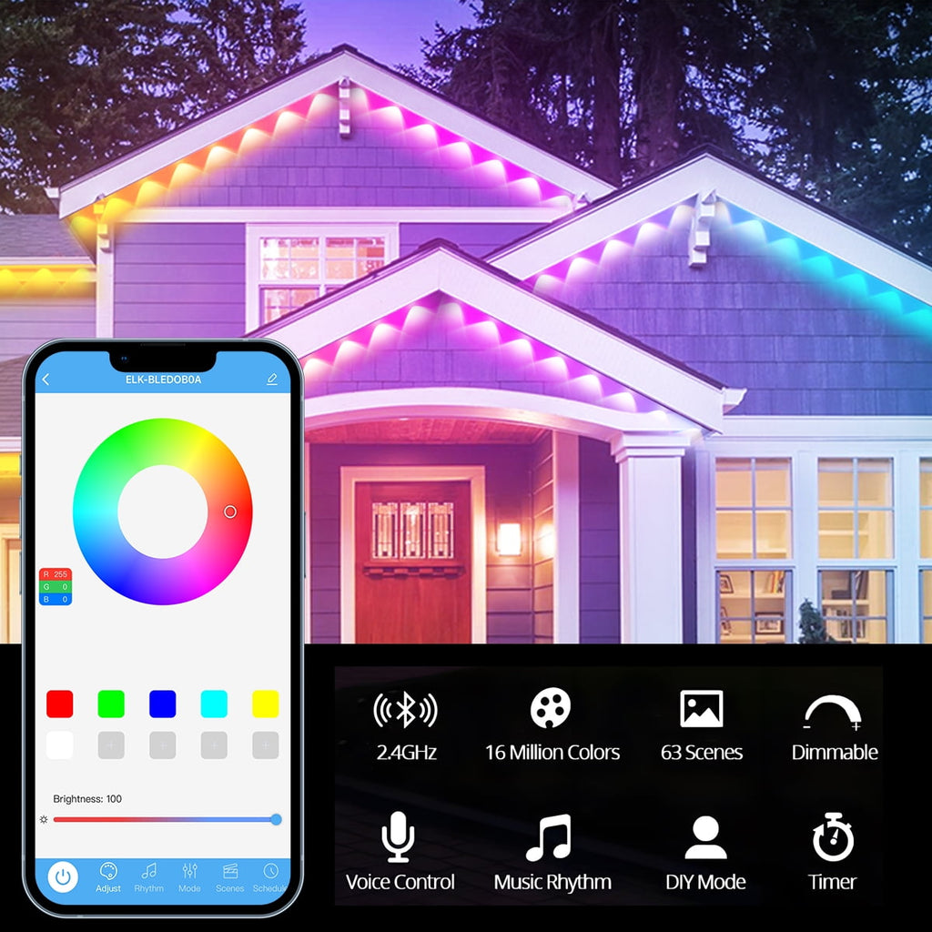 Permanent Outdoor Lights 100ft Smart RGB+IC App Control Outdoor Lights with 48 LEDs LED Eaves Lights IP67 Waterproof House Roof Outdoor Lighting for Party Daily Halloween Christmas Garden