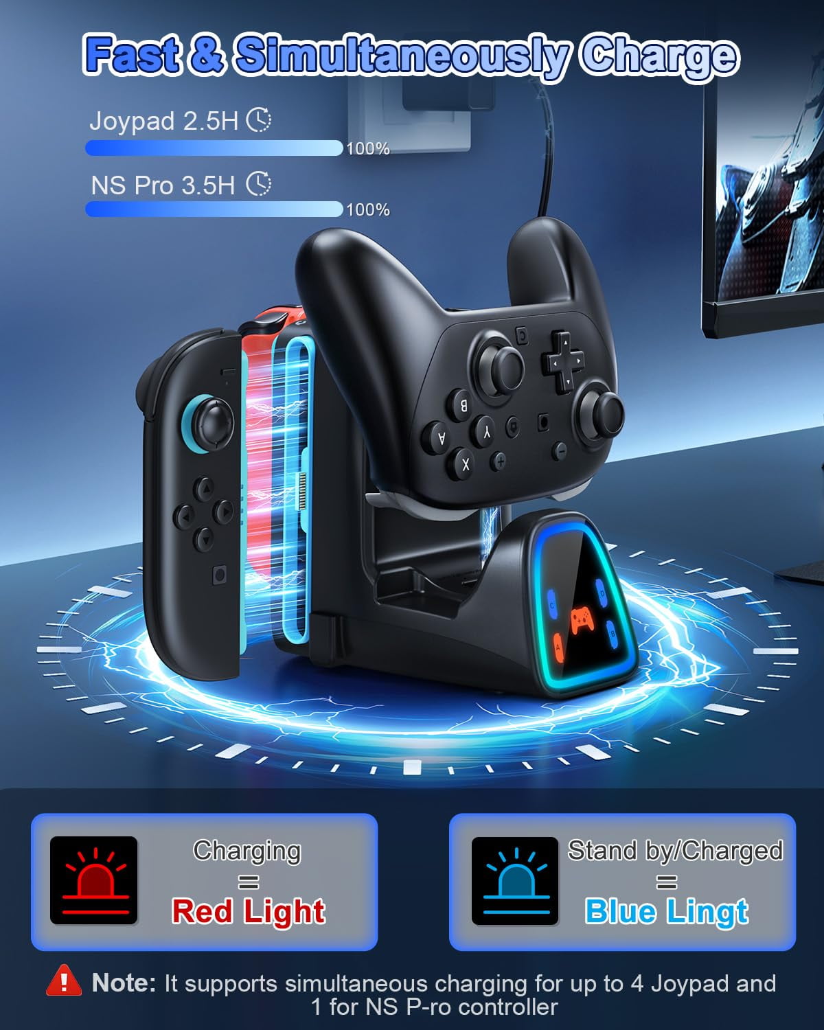 Controller Charging Dock for Nintendo Switch 2/Switch 1/OLED Controller Fast Charger Station for Joy Con 2&1 and Pro Controller 2&1 Charger Accessories with RGB Light Black