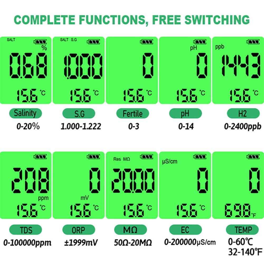 10 in 1 Digital Water Tester Meter PH/TDS/EC/Salinity/SG/ORP/Hydrogen-rich/Resistivity/Temp/Nutrient Solution Water Tester Pen for Drinking Water Hydroponics Plant Fish Tank Pool Salt Tester