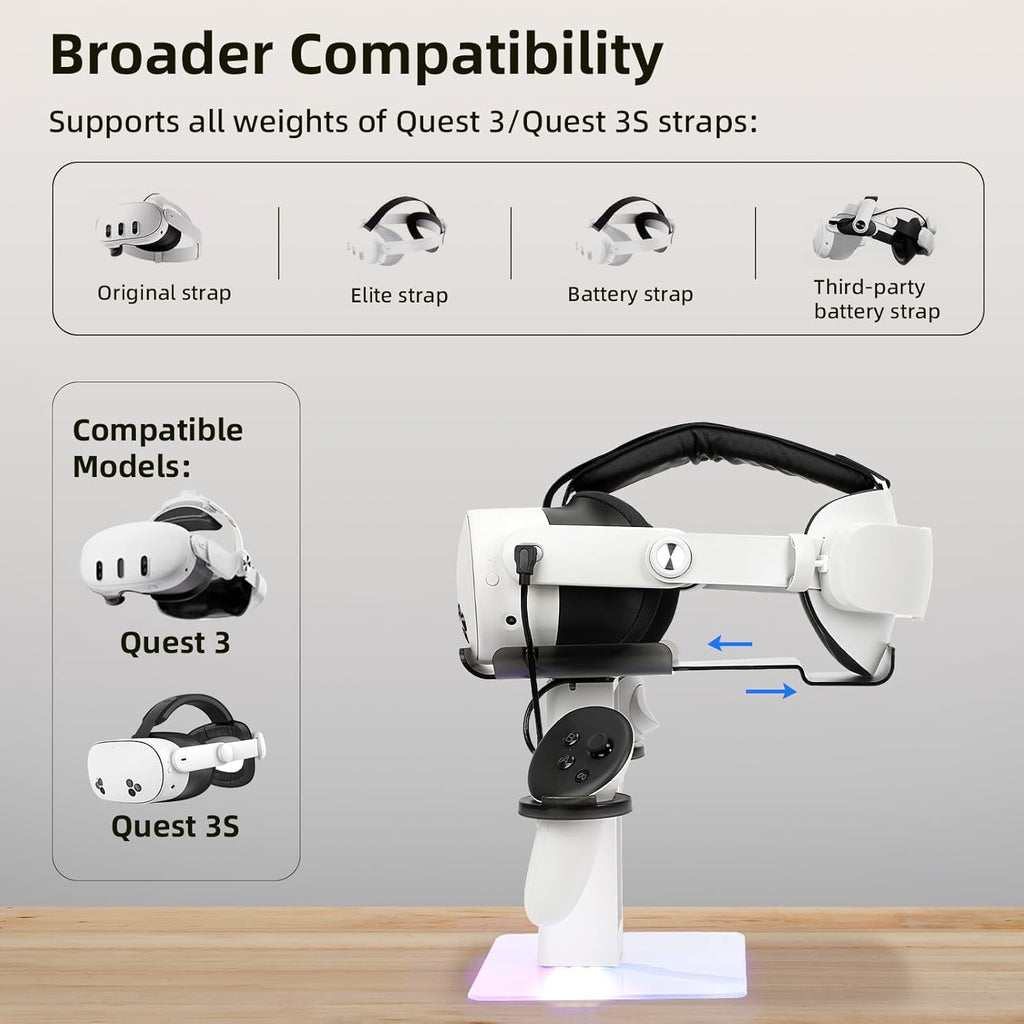 VR Stand Headset Charging Dock for Quest 3S/Quest 3/Quest 2 VR Headset Display Stand and Stable Bracket Storage Base Bottom RGB LED Light