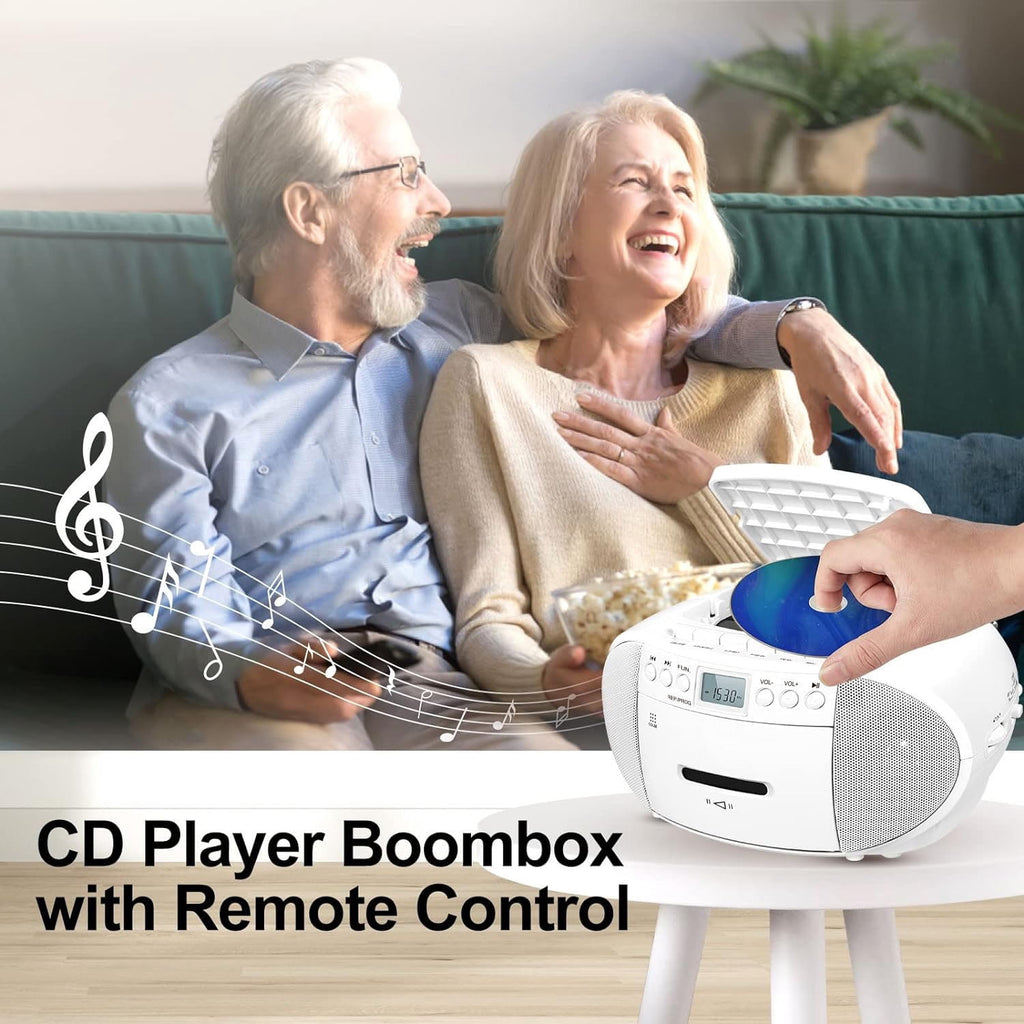 Prociv CD Player Boombox with Cassette Player Bluetooth AM/FM Radio Stereo Sound with Remote Control AUX/USB Drive Tape Recording AC/DC Powered Headphone Jack LCD Display for Home Senior Child Whi