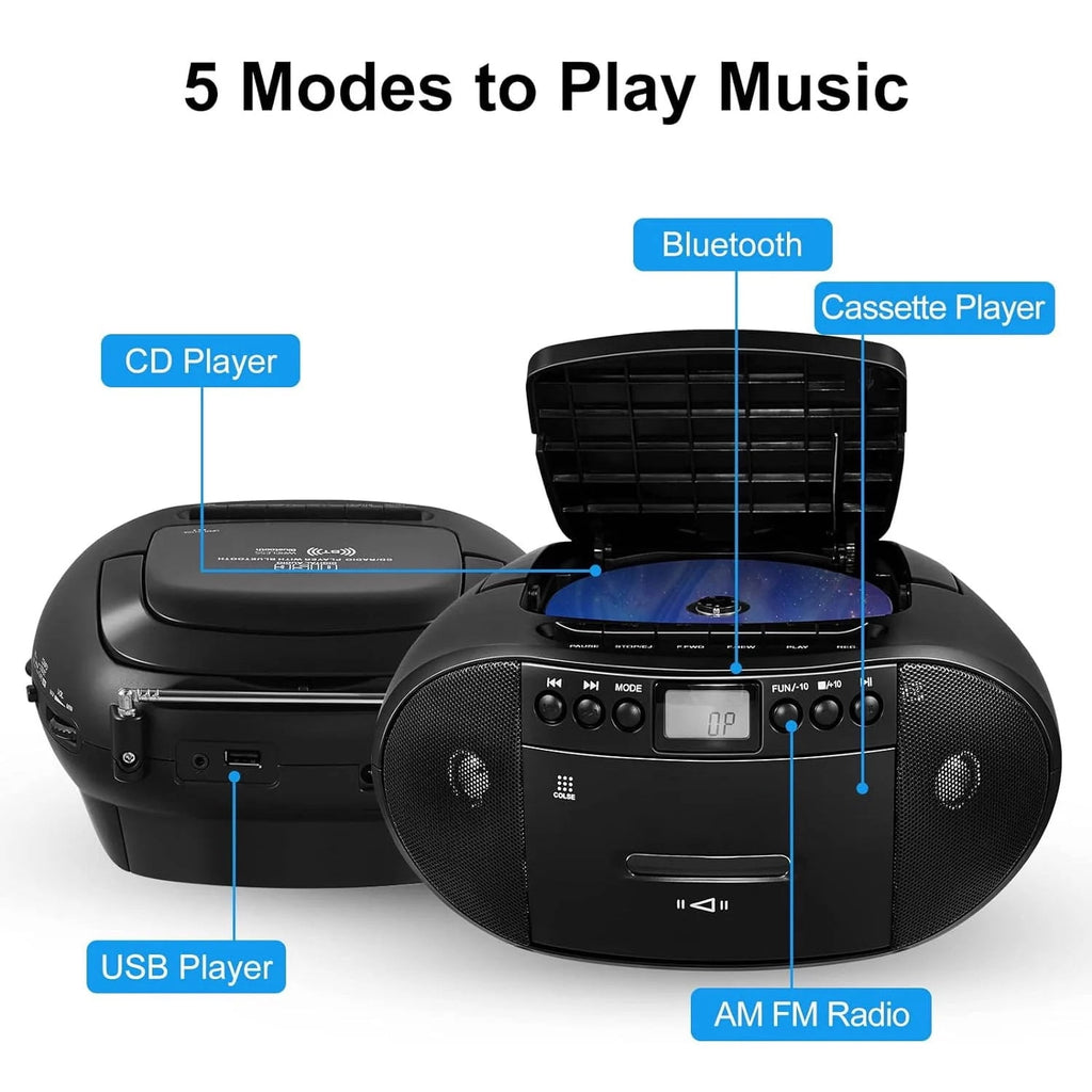 Amazup CD Player CD Cassette Player Combo with Bluetooth AM/FM Radio Stereo Sound with Remote Control AUX/USB Drive Tape Recording AC/DC Powered Headphone Jack for Home Senior Child