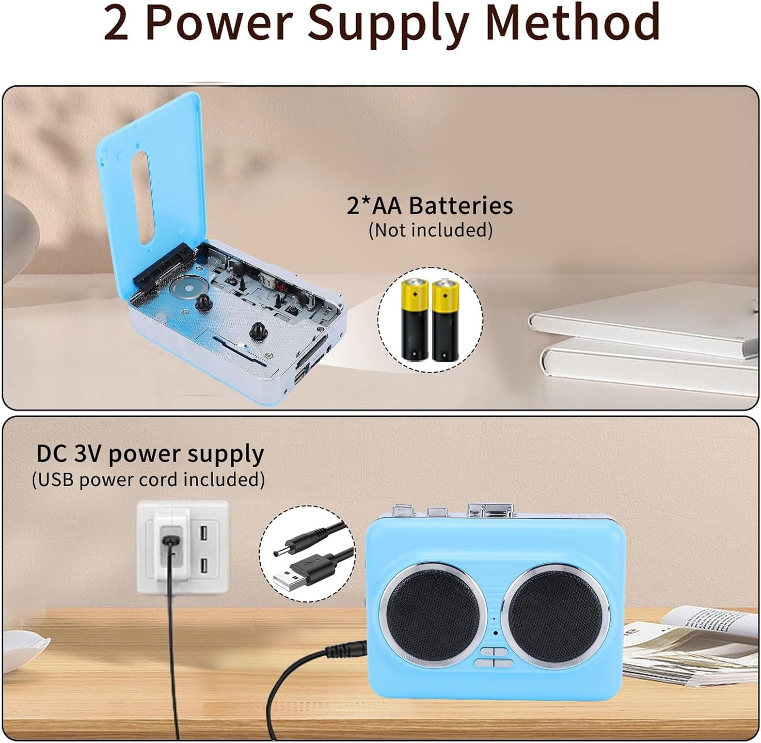 Portable Cassette Player with Auto Reverse Convert Tapes to Digital Files via USB Cassette Audio Player Tape to MP3 Converter Powered by USB Power Cord or AA Battery - Blue