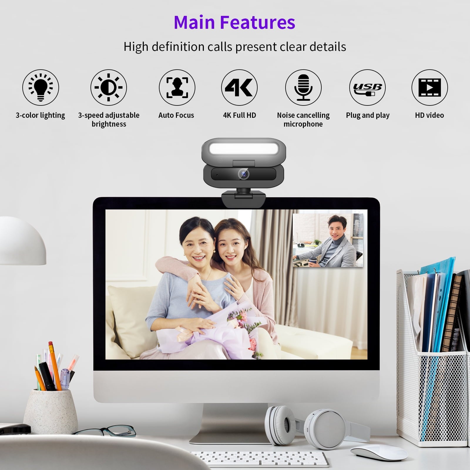Webcam with Microphone 4K USB Webcam for PC Desktop & Laptop Ring Light and 3-Level Brightness Computer Camera with Privacy Cover & Tripod Stand for Computer/PC/Laptop/Desktop