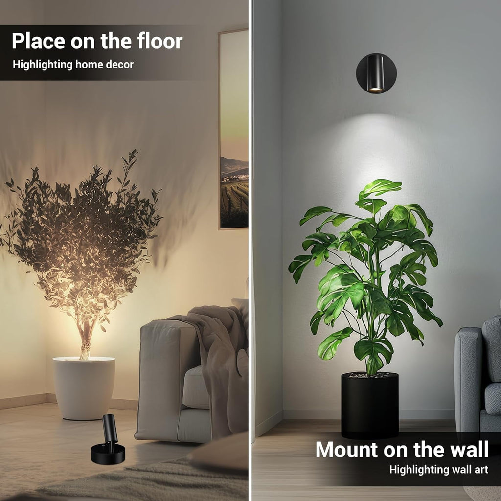 Wireless Led Spotlight Indoor Rechargeable Uplighting Indoor with Remote Dimmable 350° Rotate Battery Powered Ceiling Spotlight for Artwork Painting Tree Black 1pcs