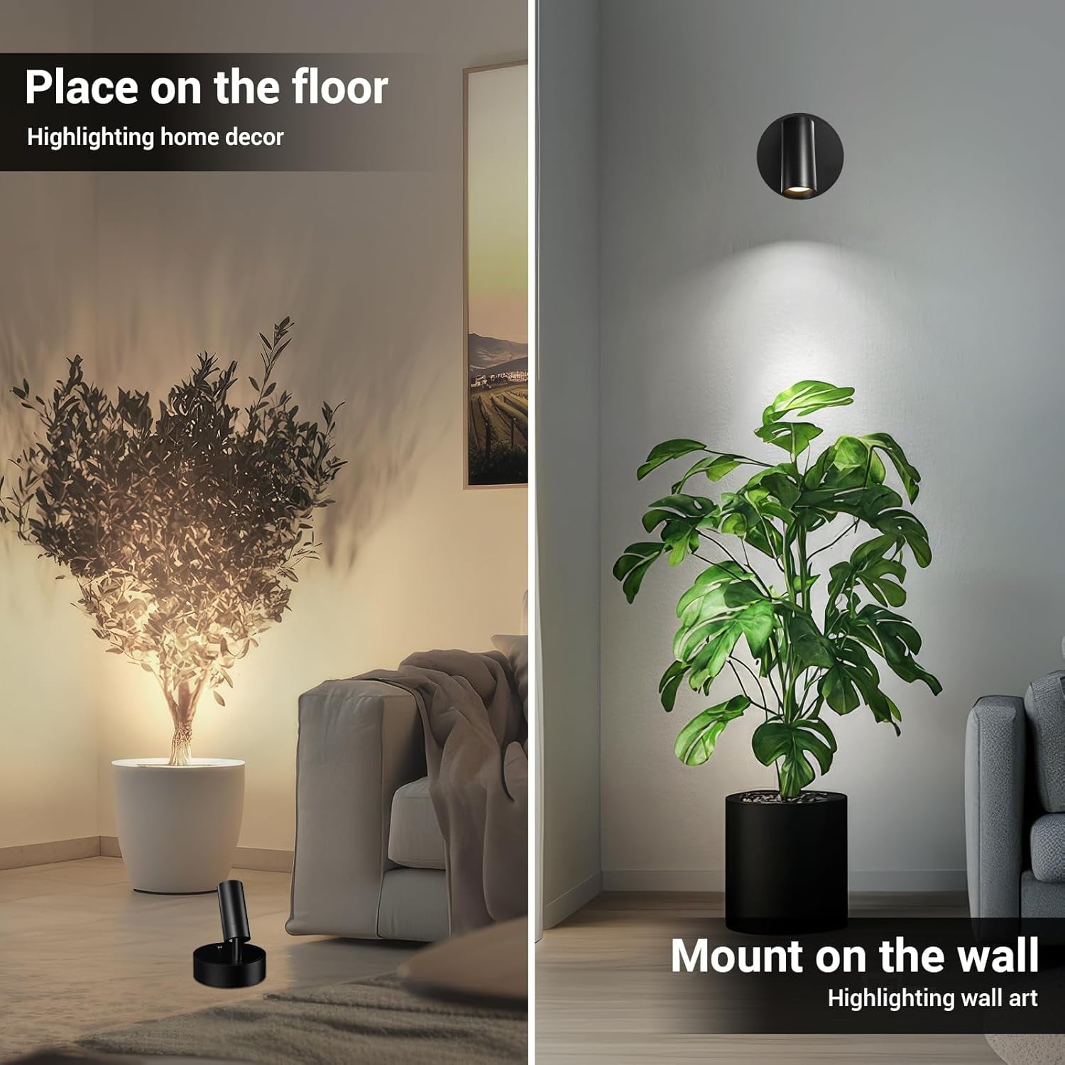 Wireless Led Spotlight Indoor Rechargeable Uplighting Indoor with Remote Dimmable 350° Rotate Battery Powered Ceiling Spotlight for Artwork Painting Tree Black 2pcs