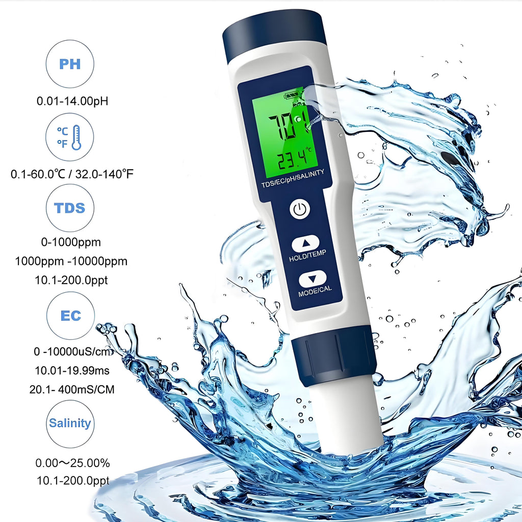 Digital PH Meter 5 in 1 Pool Salt Tester for Water PH / TDS / EC / Salinity / Temp Meter with ATC for Household Drinking Water Hot Tub Spas Fish Tank