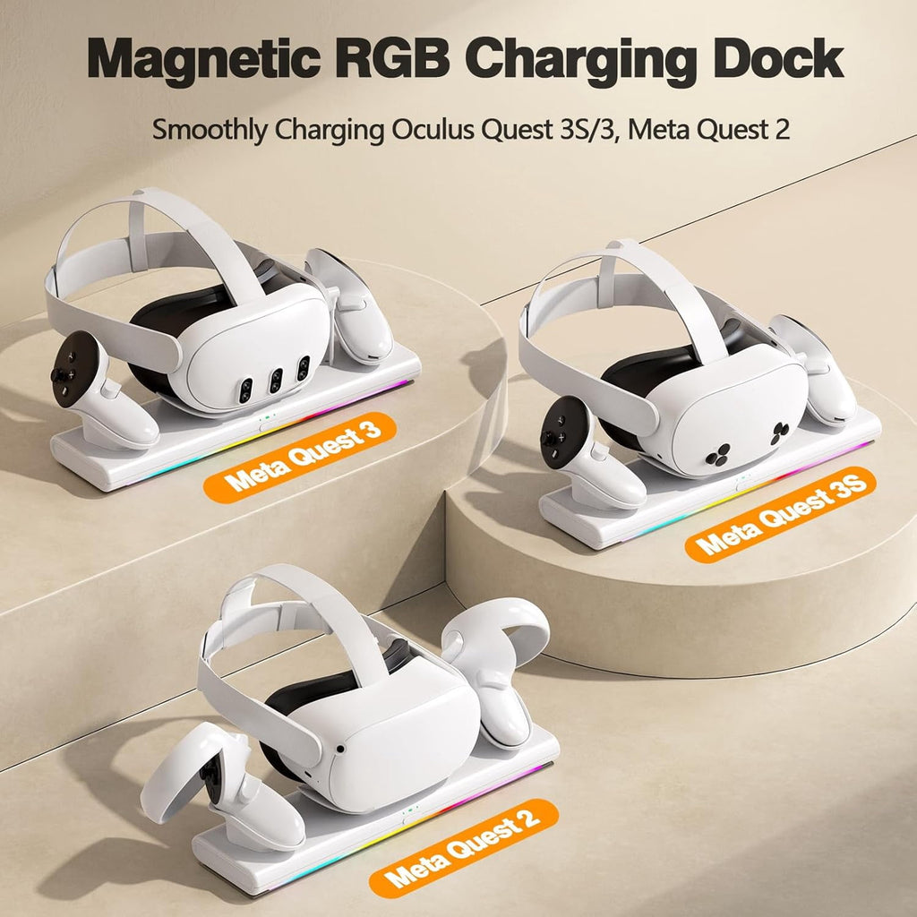 VR Charging Dock for Meta Quest 3S/3/2 PD 20W Fast Charging Station Meta/Oculus Quest 3S/3/2 Accessories Magnetic Charger Stand for VR Headset/Controller RGB Light Rechargeable Batteries