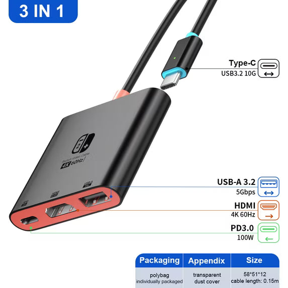 Portable TV Dock Station for Switch 2/Switch/Switch OLED, TV Adapter Support 4K/60Hz, USB 3.0 and 100W Charge PD Port, Travel Adapter for Switch 2/Laptop