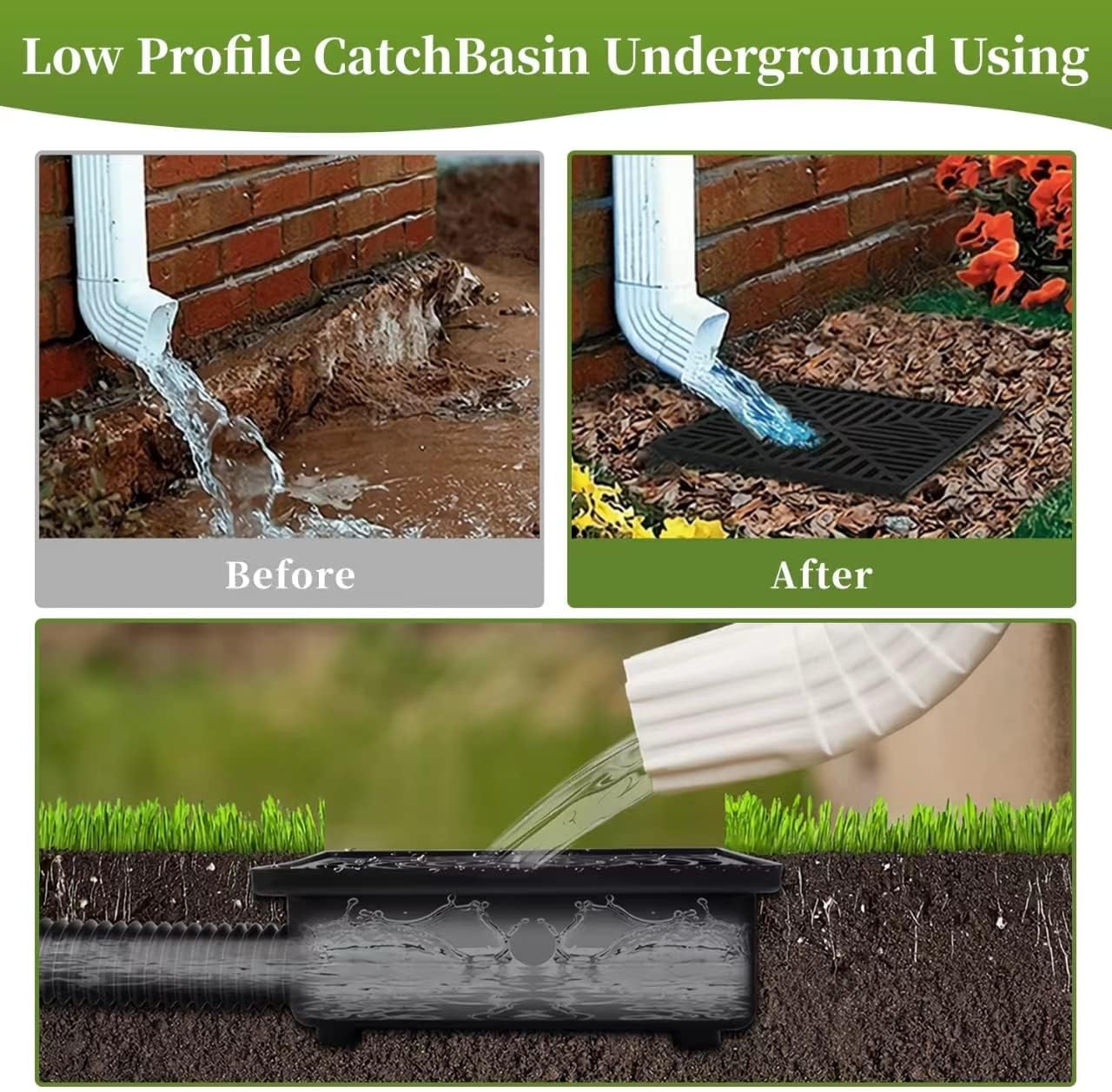 Wiher Catch Basin Downspout Extensions Upgraded 9x9 inch No Dig French Drain Downspout Diverter Flexible Gutter with Leak-Proof Splash Block Kit Extendable from 16 to 60 Black