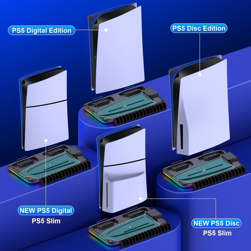 PS5 Slim Stand and Turbo Cooling Station with Controller Charging Station for Playsation 5 PS5 Accessories Incl. 3 Levels Cooling Fan RGB Light 15 Game Storage Headset Holder for PS5 Digital/Disc