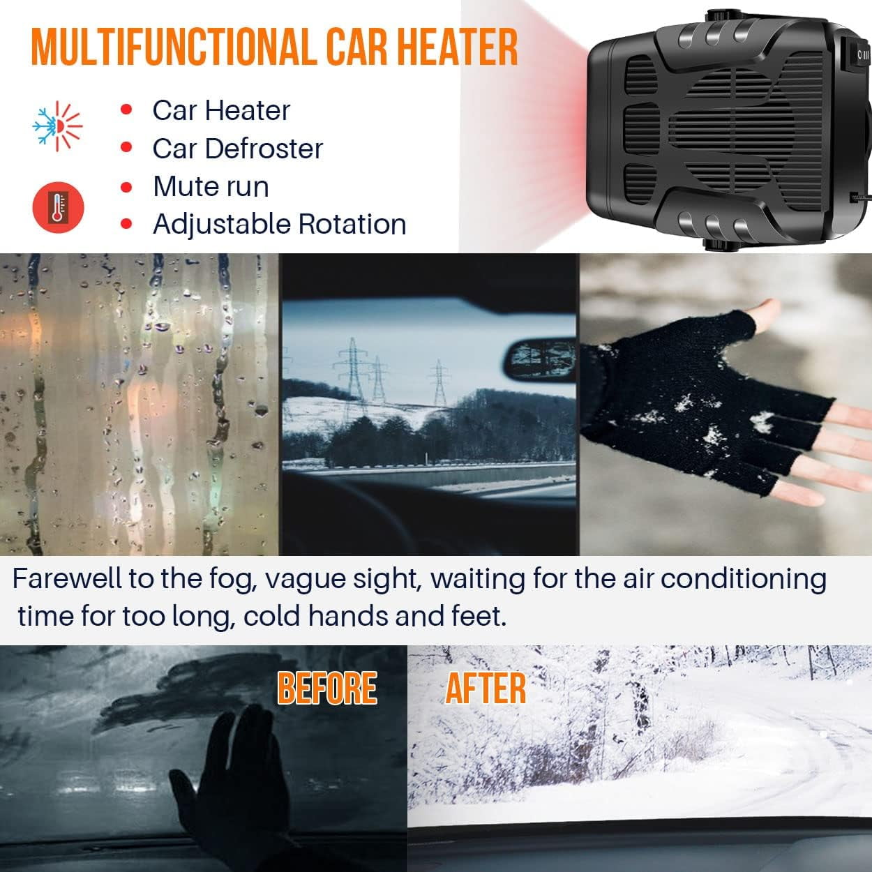 Portable Car Heater Fan 2 in 1 Auto Heater Fan Automotive Cooling Fan Heating Defrosts Defogger Automobile 360° Adjustable Thermostat Plug in Cigarette Lighter Rotary Base DC12V