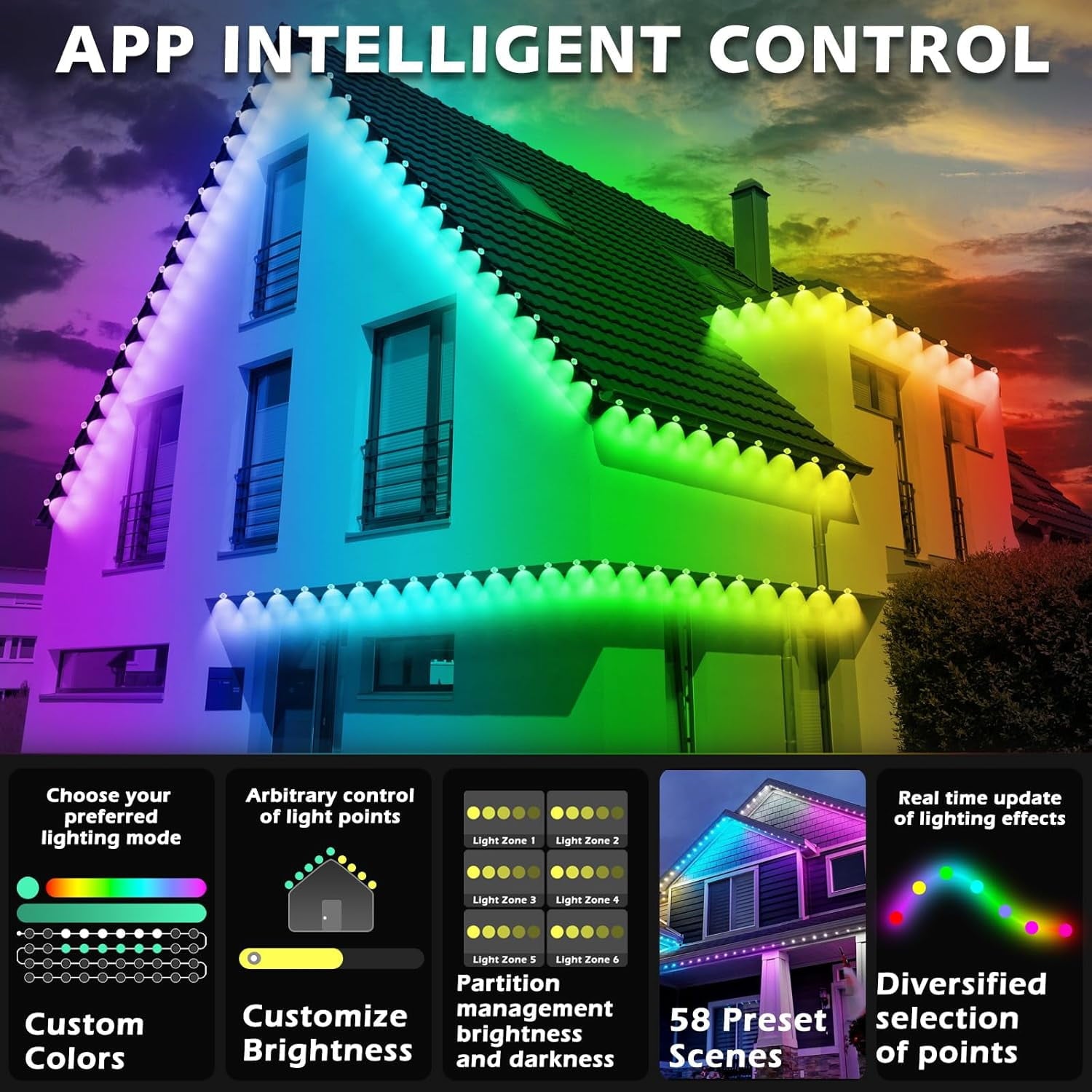 Prociv Permanent Outdoor Lights Waterproof 150FT 75LEDs Christmas Outdoor Lights APP & Remote Control Color Changing Eaves Lights with DIY Modes for for Party Daily Halloween Christmas Garden