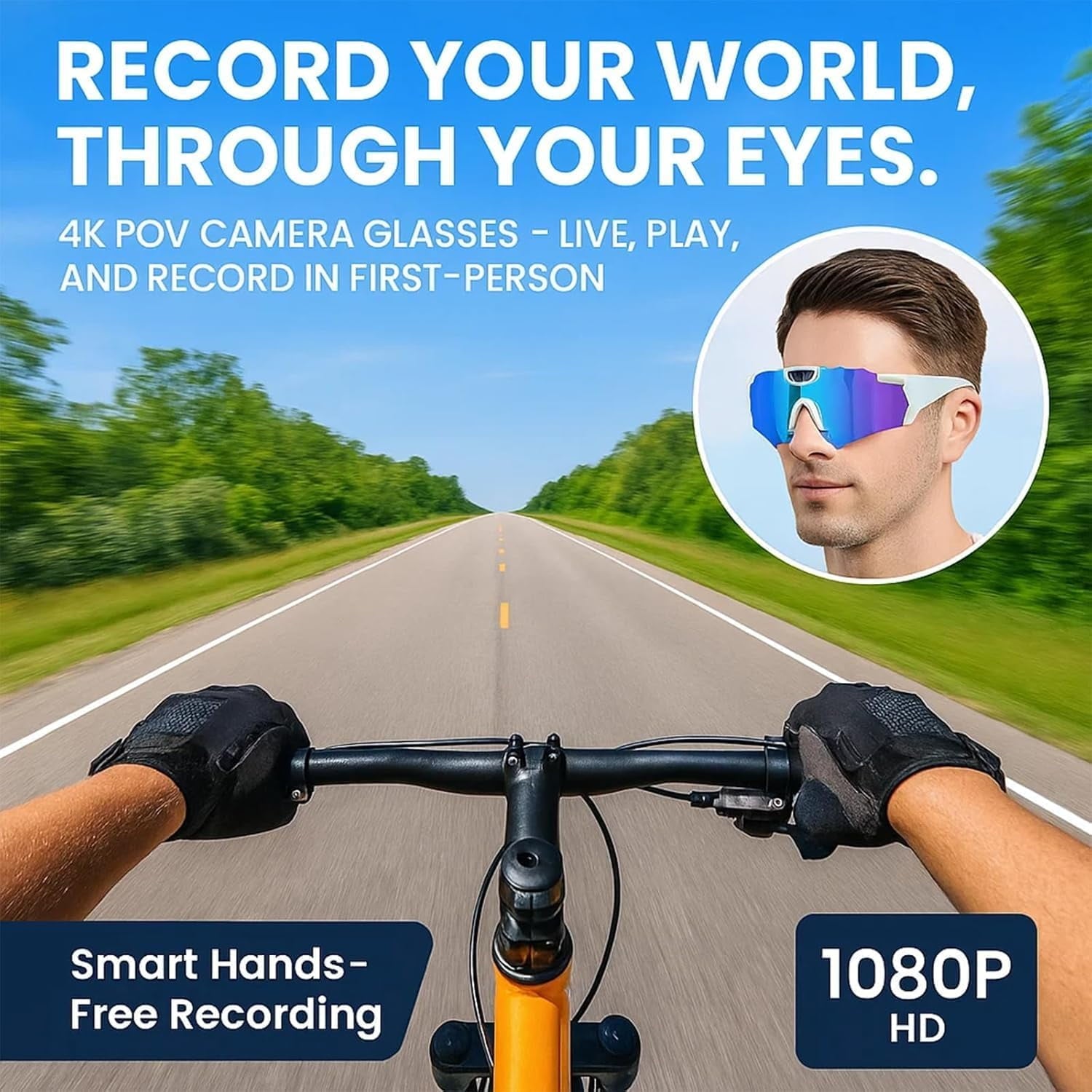 Wiher Smart Camera Glasses 4k POV Sports Glasses HD Recording Video Cycling Action Sunglasses Wearable Audio Take a Picture Wireless Photography Shooting VCR，Suitable for Men and Women(Blue)