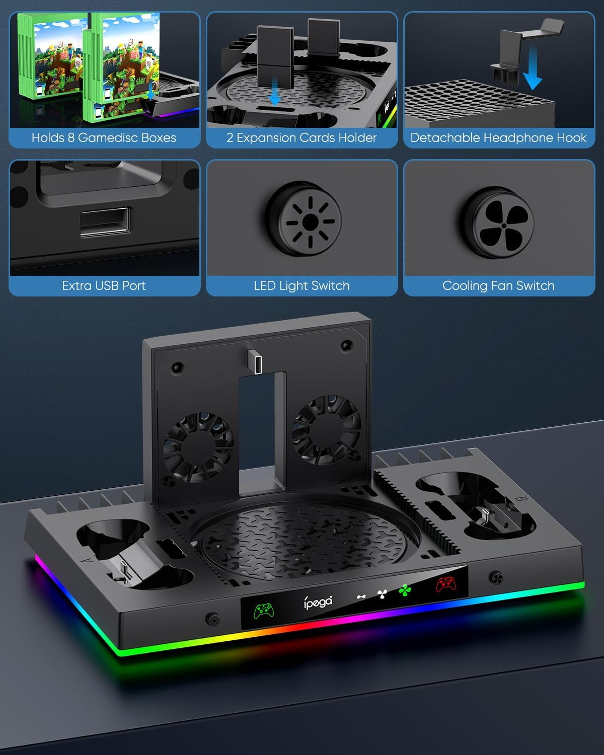 Upgrade Cooling Fan & Dual Charging Stand for Xbox Series X Console &Controller Cooler Charger Station System for Series X with 15 RGB Lights 2 x 1400mAh Rechargeable Battery Disc Accessories Storage