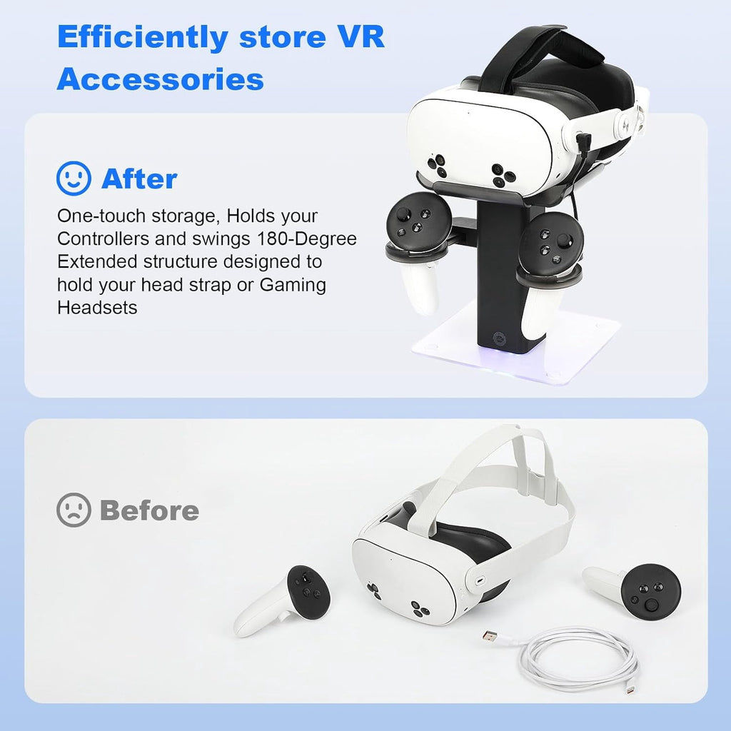 VR Stand Headset Charging Dock for Quest 3S/Quest 3/Quest 2 VR Headset Display Stand and Stable Bracket Storage Base Bottom RGB LED Light