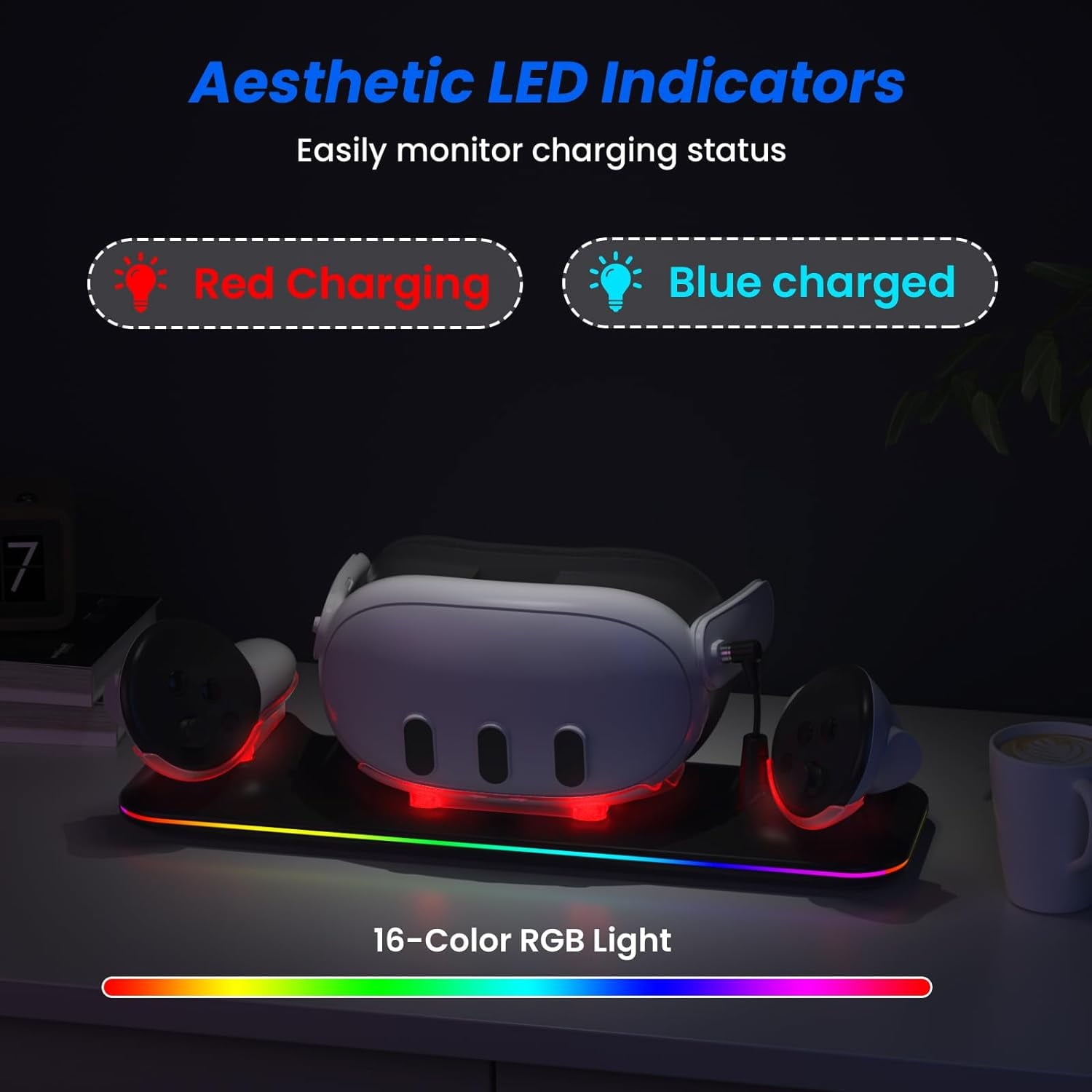VR Charging Dock for Meta Quest 3 Fast Charging Station with Colorful RGB Light for Oculus Quest 3 Magnetic Charging Stand for VR Headset and Touch Controllers with 2 Rechargeable Batteries Black