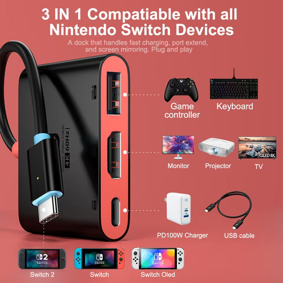 Portable TV Dock Station for Switch 2/Switch/Switch OLED, TV Adapter Support 4K/60Hz, USB 3.0 and 100W Charge PD Port, Travel Adapter for Switch 2/Laptop