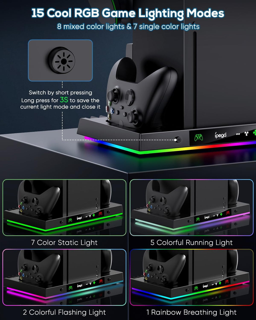 Upgrade Cooling Fan & Dual Charging Stand for Xbox Series X Console &Controller Cooler Charger Station System for Series X with 15 RGB Lights 2 x 1400mAh Rechargeable Battery Disc Accessories Storage