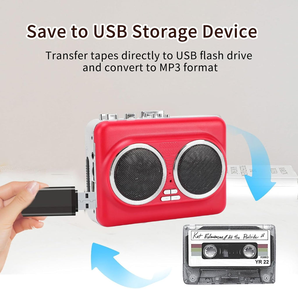 Portable Cassette Player with Auto Reverse Convert Tapes to Digital Files via USB Cassette Audio Player Tape to MP3 Converter Powered by USB Power Cord or AA Battery - Red