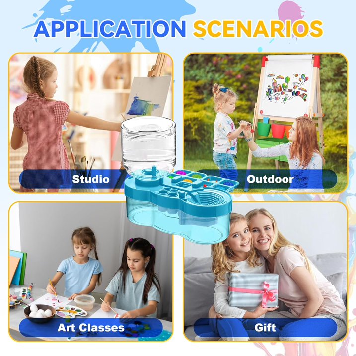 Wiher Paint Brush Cleaner for Kids,Water Circulation Paint Brush with Holder and Palette for Acrylic Watercolor and Water Based Creative Gift for Adult Artist Beginners Kids,Blue
