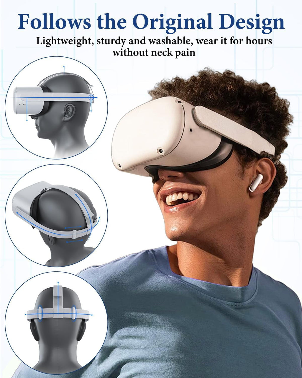 Replacement Head Strap for Meta Quest 2 Original Oculus Quest 2 Comfort Headband 4 Thumbstick Caps Included Adjustable & Breathable Design-VR Head Strap Accessories