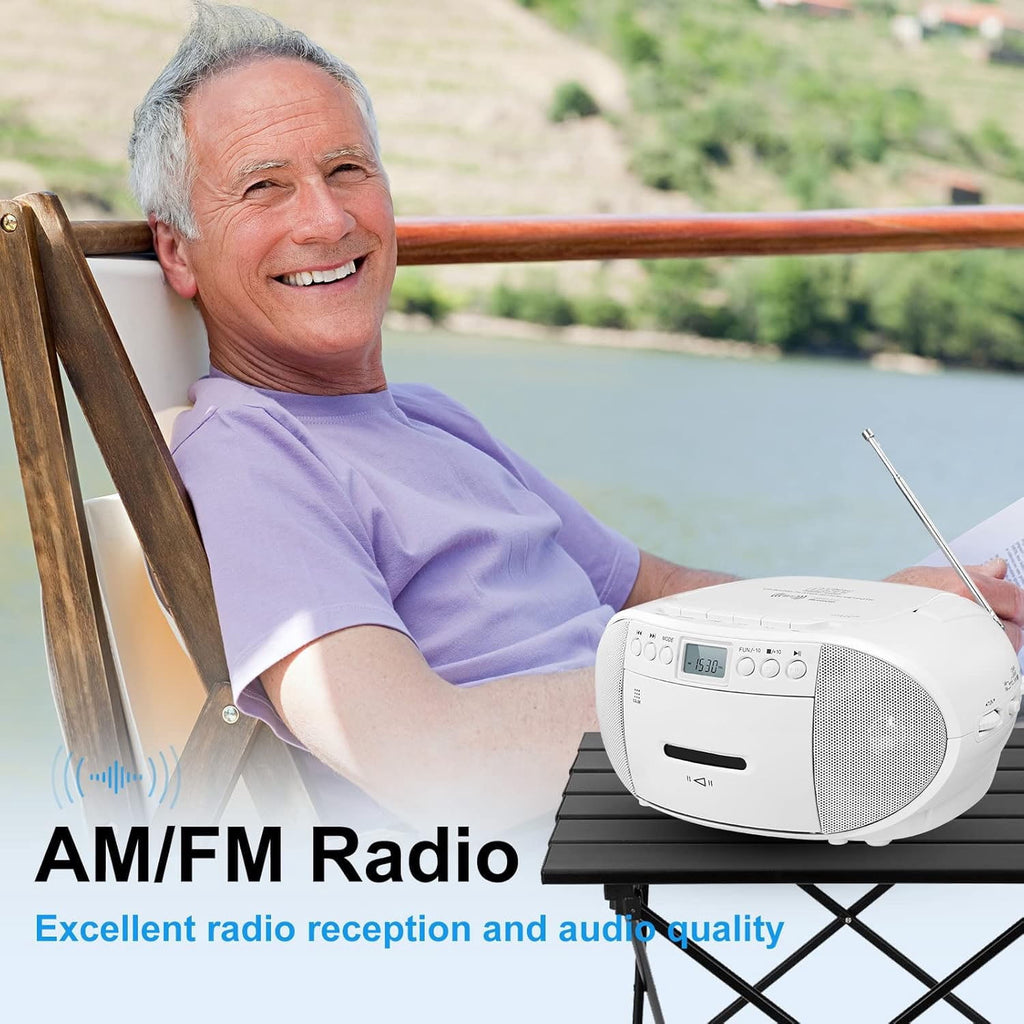 Prociv CD Player Boombox with Cassette Player Bluetooth AM/FM Radio Stereo Sound with Remote Control AUX/USB Drive Tape Recording AC/DC Powered Headphone Jack LCD Display for Home Senior Child Whi