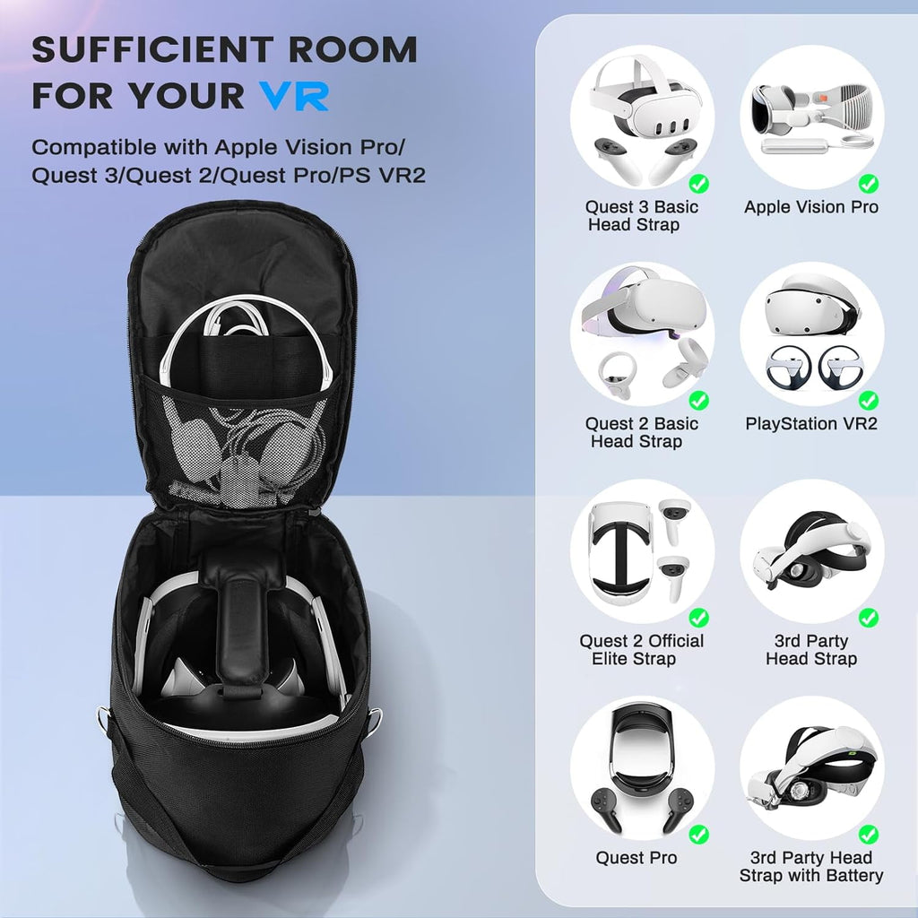 Carrying Case Compatible with Apple Vision Pro/Meta Quest 3/Oculus Quest 2/Quest Pro/VR Elite Strap&Accessories VR Headset Travel Storage Backpack for Travel and Home Storage