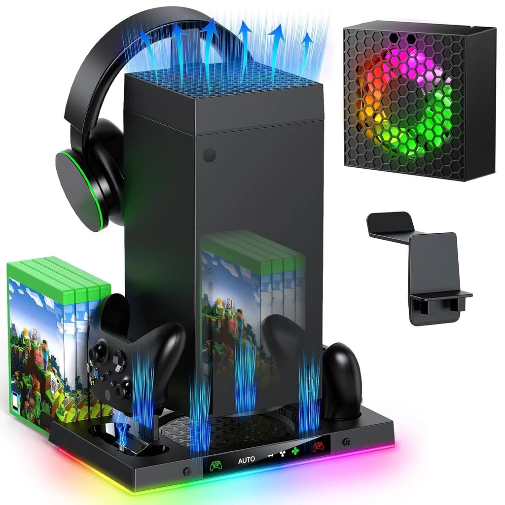 Auto Cooling Fan and Charge Stand Accessories for Xbox Series X Console with 15 Light Modes Wireless Dual Charger Dock for XSX Controller Headset Stand & Game Disc Storage