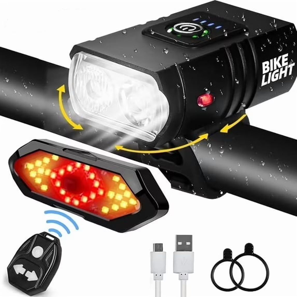 Bike Light Set with Bike Horn Alarm Remote Control Bike Tail Light with Turn Signals Bike Headlight for Night Riding Rechargeable Rear and Front Bike Light