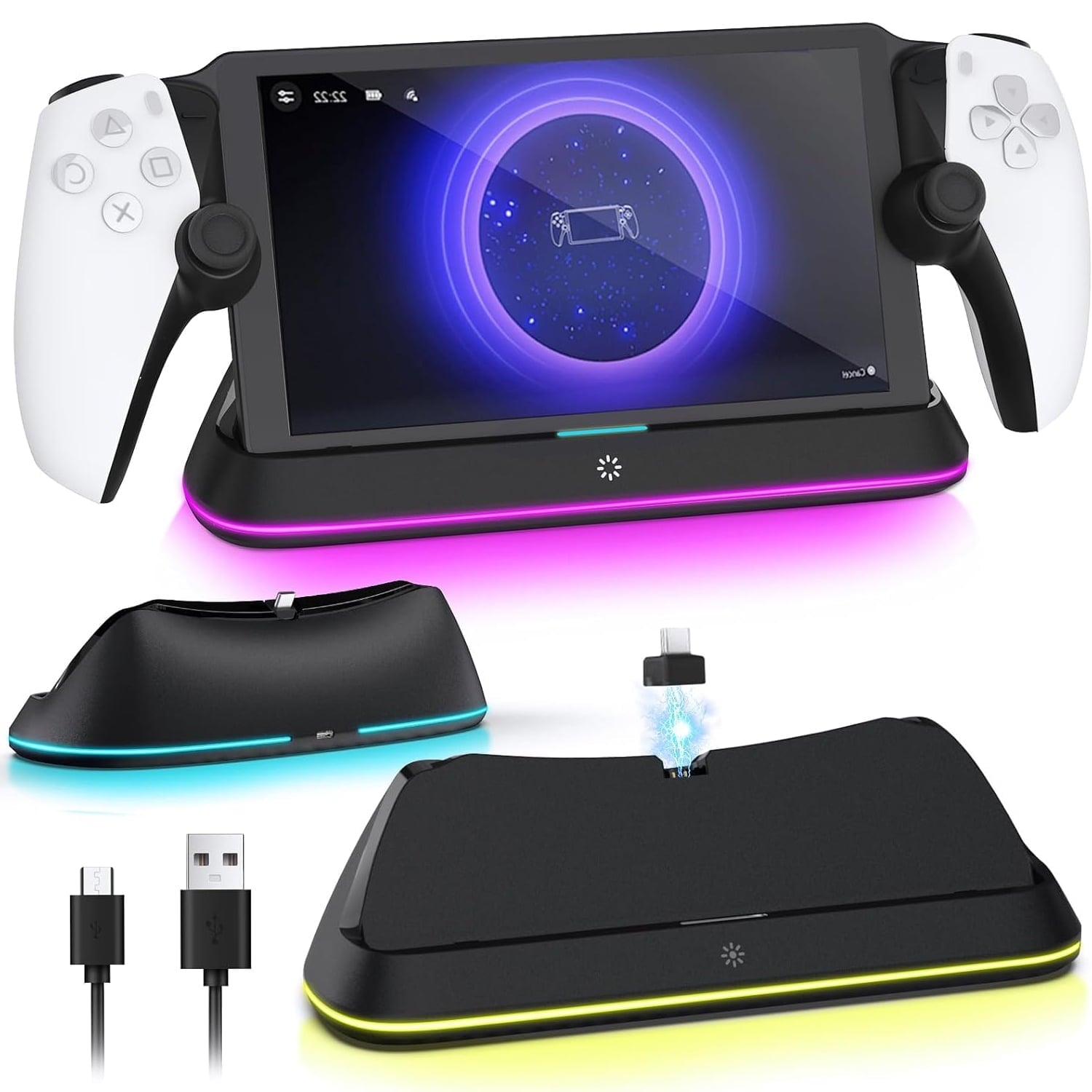 Charging Stand for PlayStation Portal Enhanced Stability Charger Dock or Station with On/Off RGB Light and Type-C Cable Pogo Pin Adapter and 30° Comfort Angle Design for PS Portal (Black)
