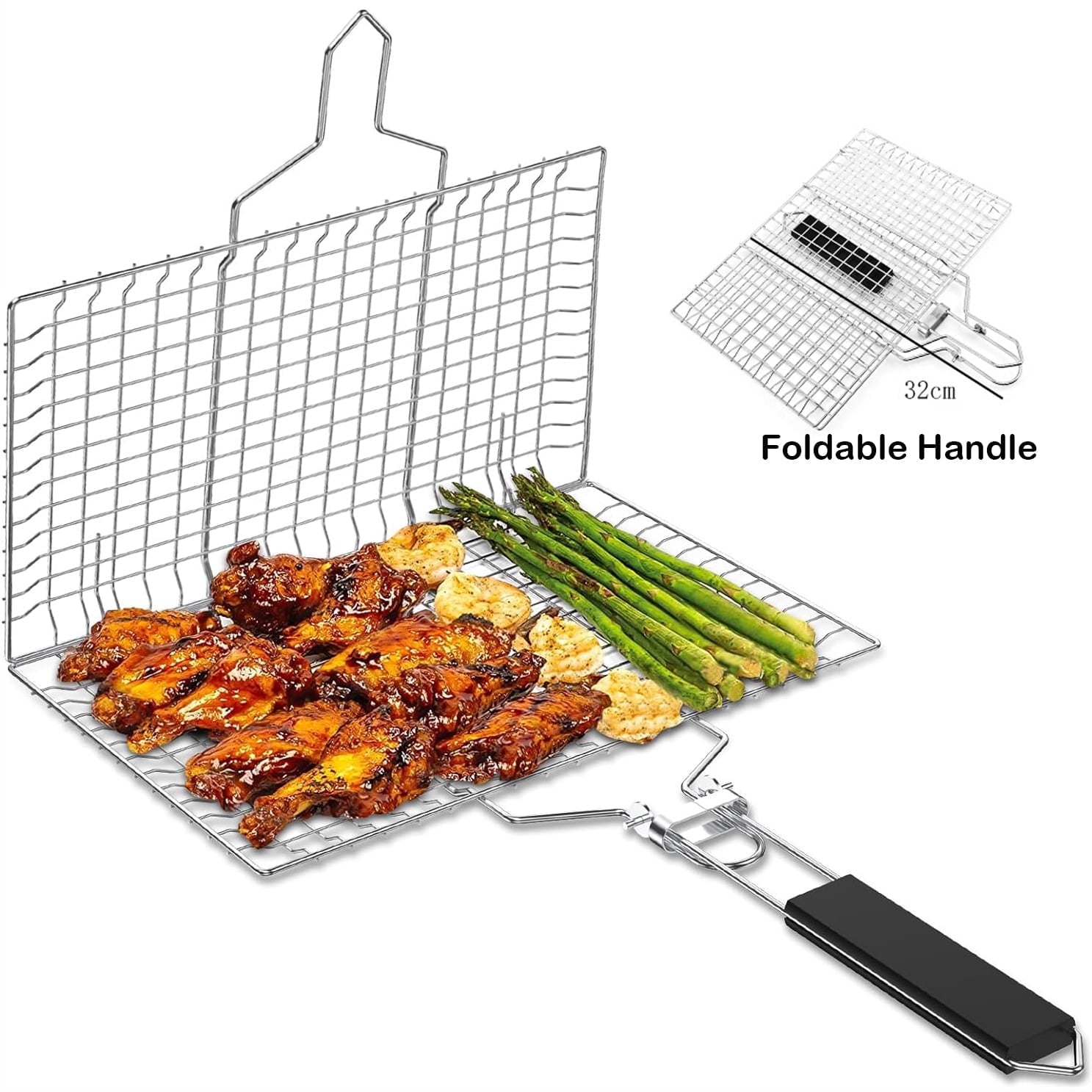 Prociv Grill Basket with Foldable Handle BBQ Basket Accessories Stainless Steel BBQ Grill Mesh BBQ Vegetable Slices Basket Suitable for Vegetable Fries Fish