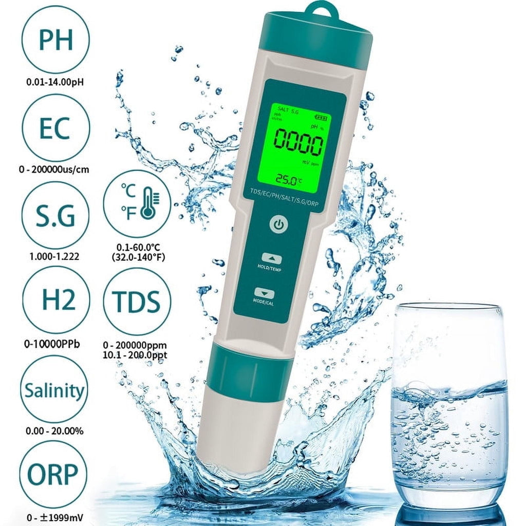 PH Meter 8 in 1 Water Quality Tester Pen Meter Digital PH Pen for TDS/EC/Salinity/Temp/ORP/S. G/PH/H2 Drinking Water Aquariums Hydroponic Cooking Tester Measure Plants Aquarium and Pool