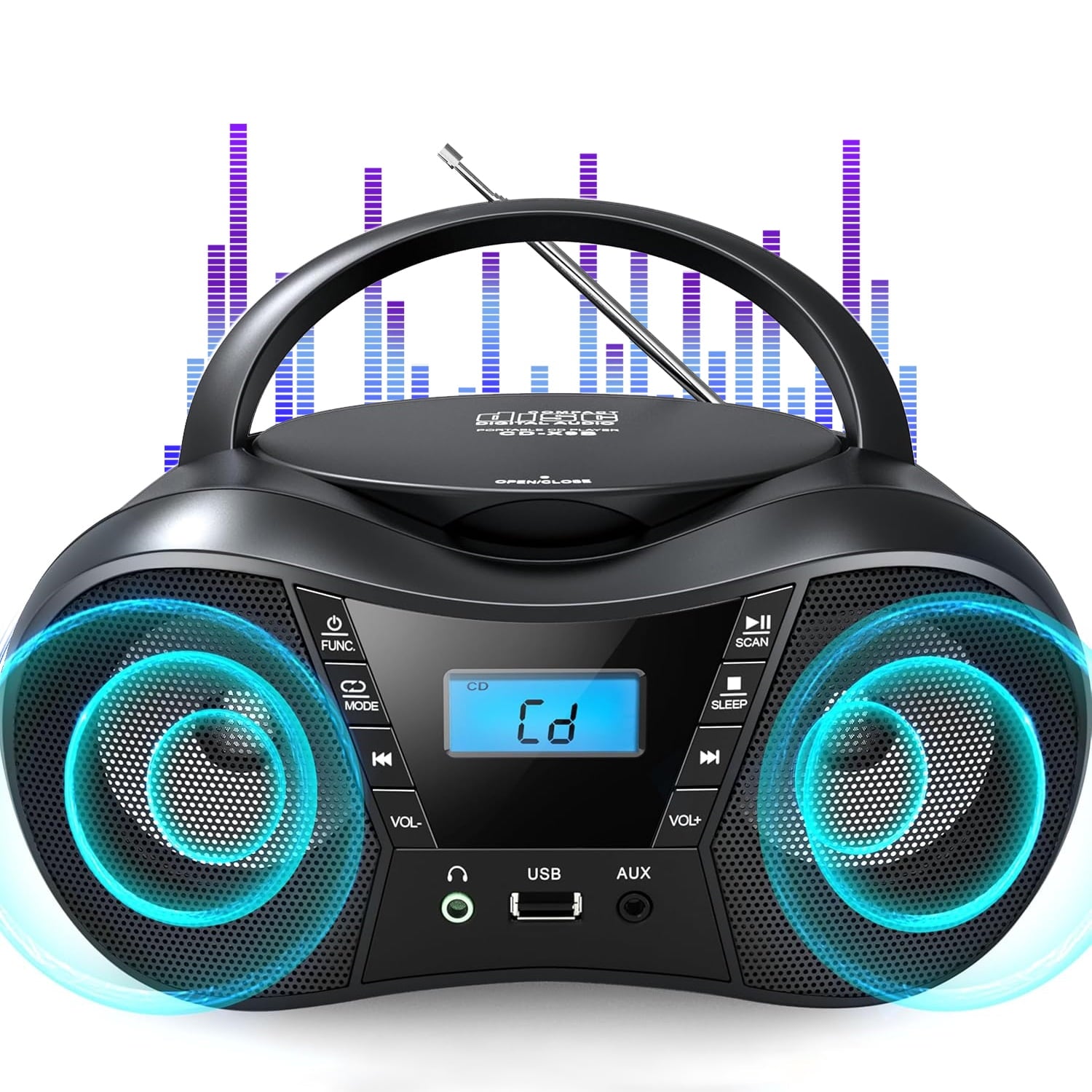 Prociv CD Player Boombox with FM Radio Bluetooth 5.1 Clear Sound LCD Display USB/AUX Input AC/Battery Powered CD/CD-R/CD-RW Compatible 3.5mm Headphone Jack Sleep Timer for Home Seniors Kids Black