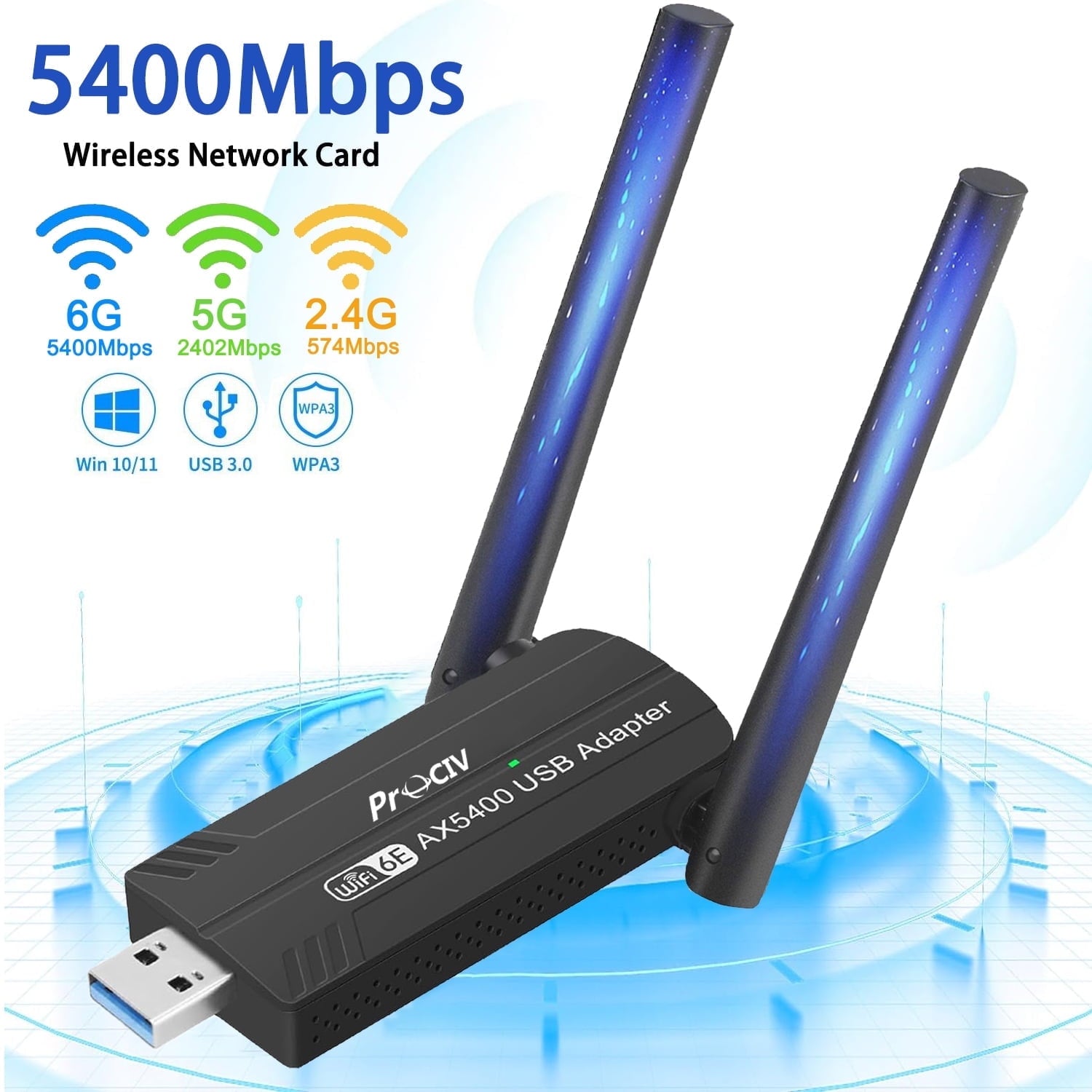 Prociv WiFi 6E USB 3.0 WiFi Adapter for PC Desktop AX5400M Tri-Band 6GHz/5GHz/2.4GHz Wireless Network Adapter Drive-Free for Windows 10/11 Desktop Laptop Black