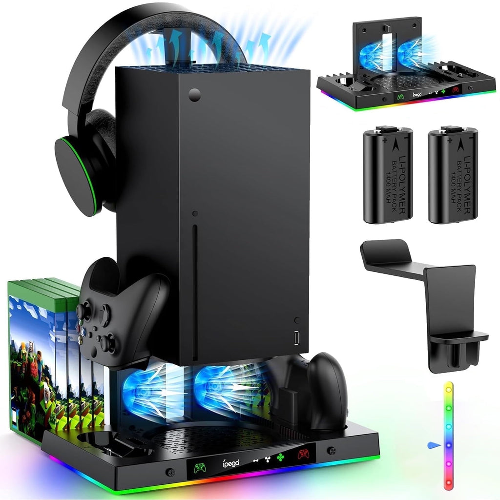 Upgrade Cooling Fan & Dual Charging Stand for Xbox Series X Console &Controller Cooler Charger Station System for Series X with 15 RGB Lights 2 x 1400mAh Rechargeable Battery Disc Accessories Storage
