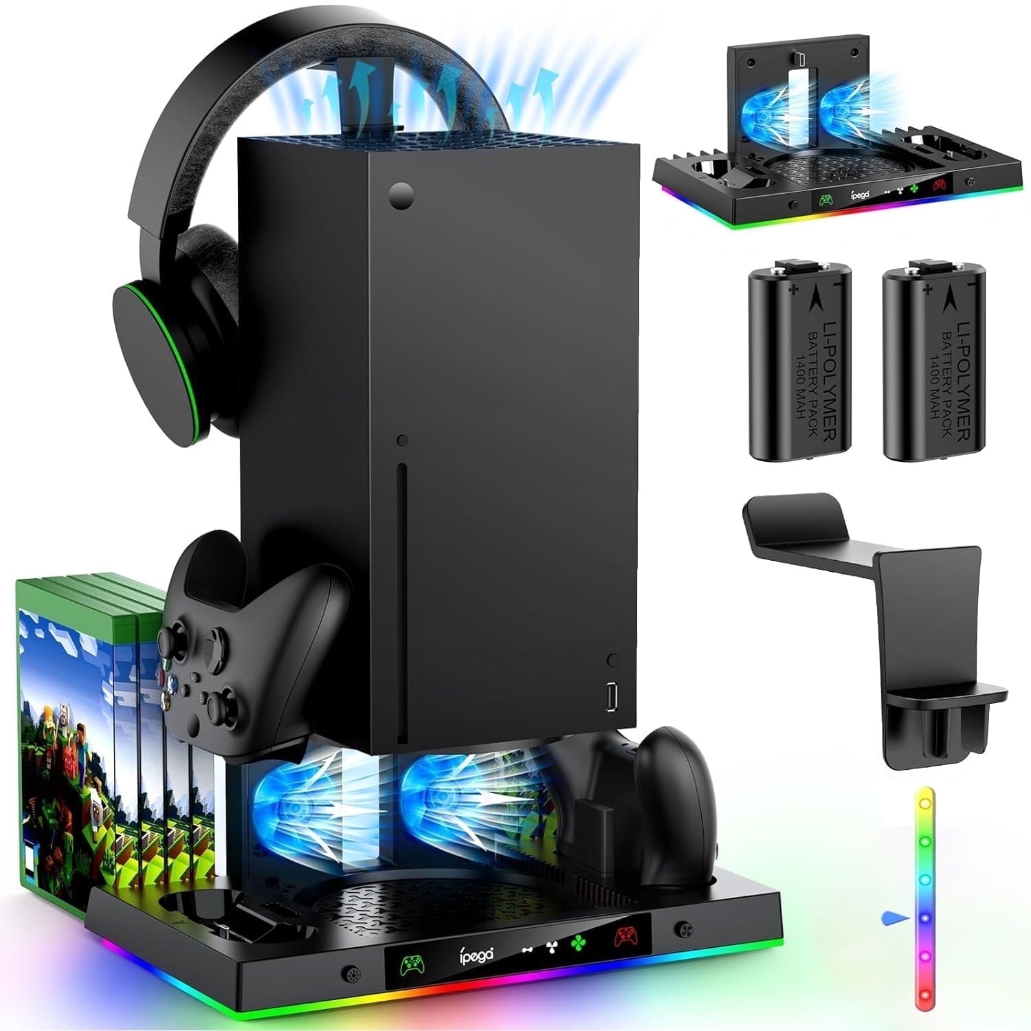 Upgrade Cooling Fan & Dual Charging Stand for Xbox Series X Console &Controller Cooler Charger Station System for Series X with 15 RGB Lights 2 x 1400mAh Rechargeable Battery Disc Accessories Storage