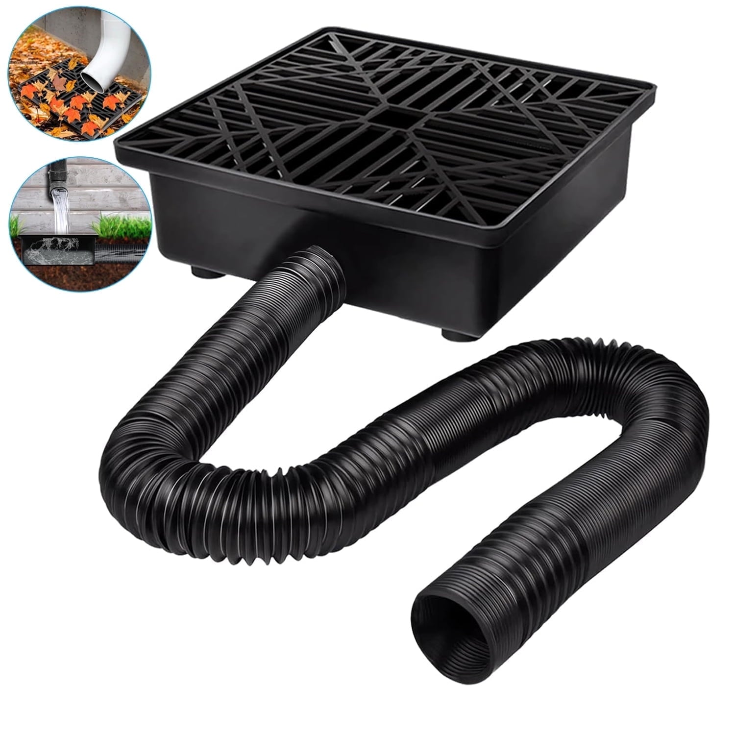 Wiher Catch Basin Downspout Extensions Upgraded 9x9 inch No Dig French Drain Downspout Diverter Flexible Gutter with Leak-Proof Splash Block Kit Extendable from 16 to 60 Black