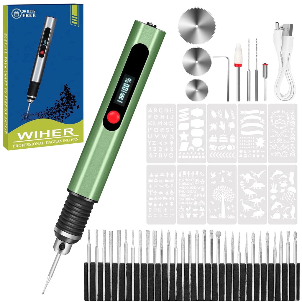 Wiher Engraving Pen with 30 Bits Mini Electric DIY Engraver Cordless Rotary Tools Portable Engraving Pen for Metal Wood Glass and Plastic Jewelry (Green)