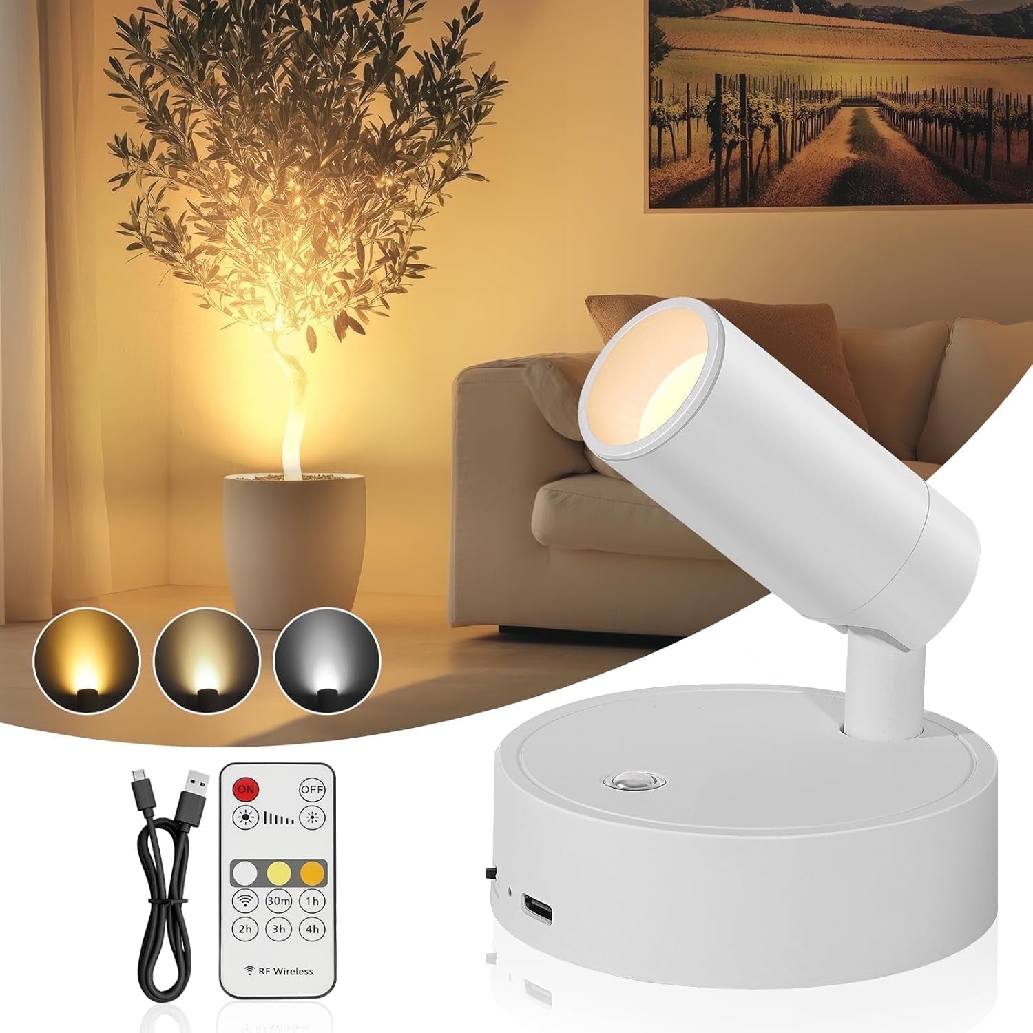 Wireless Led Spotlight Indoor Rechargeable Uplighting Indoor with Remote Dimmable 350° Rotate Battery Powered Ceiling Spotlight for Artwork Painting Tree White 1pcs