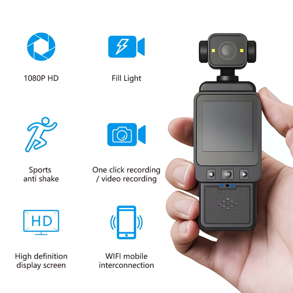 Mini Body Camera 1080P FHD WiFi Video Camera with Audio and Photograph Clip Pocket Vlog Camera for Daily Work Serving Records 180° Rotating Head 120° Wide Angle Built-in Flash 64GB Card