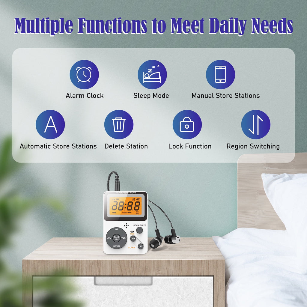 Portable AM FM Radio Personal Pocket Radio with LCD Screen Stereo Earphone Jack Sleep Timer and Alarm Clock for Jogging Walking